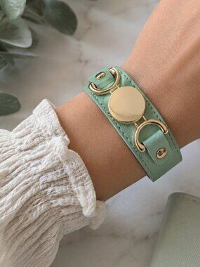 Mint Green Engravable Cuff Bracelet Gold Tone Faux Leather Holiday Gift New
